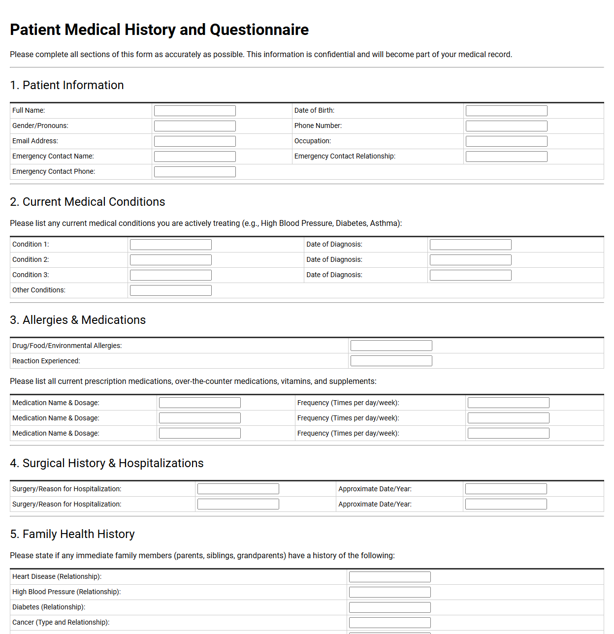 Patient Medical History and Questionnaire Template
