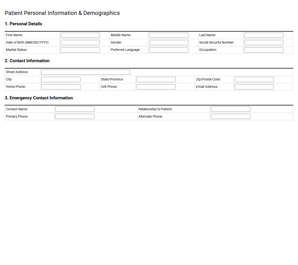 Patient Personal Information and Demographics Section