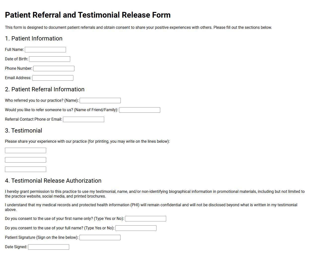 Patient Referral and Testimonial Release Form