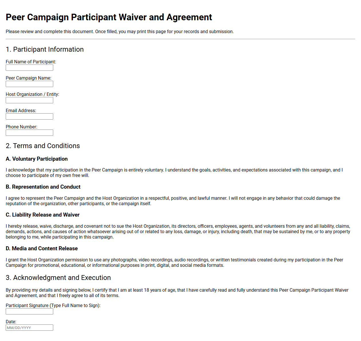 Peer Campaign Participant Waiver and Agreement