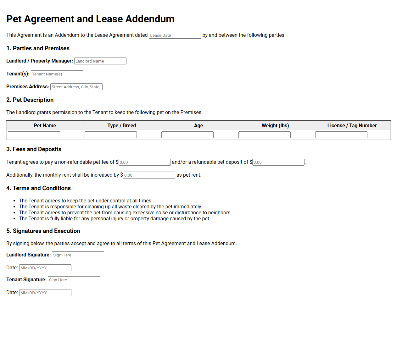 Pet Agreement and Lease Addendum