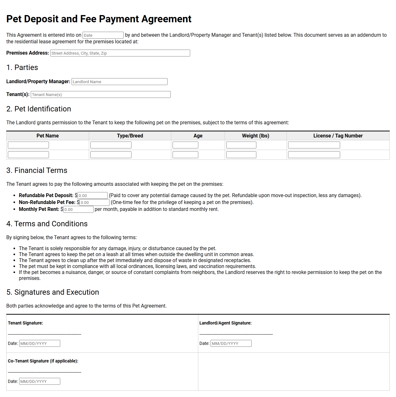 Pet Deposit and Fee Payment Agreement