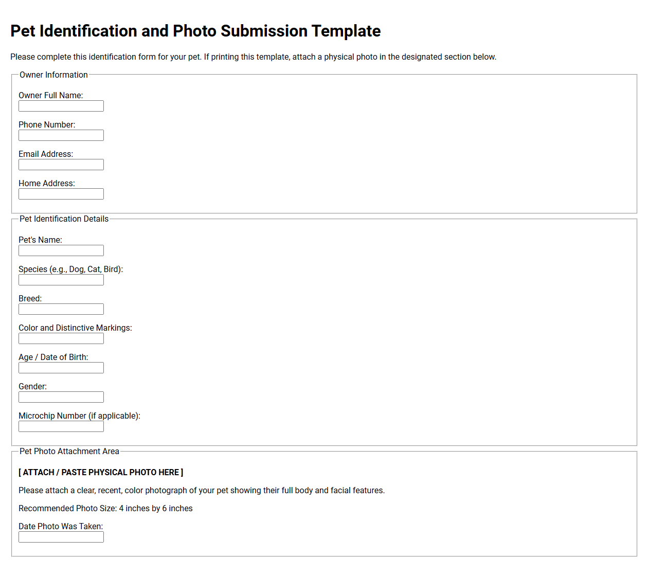 Pet Identification and Photo Submission Template