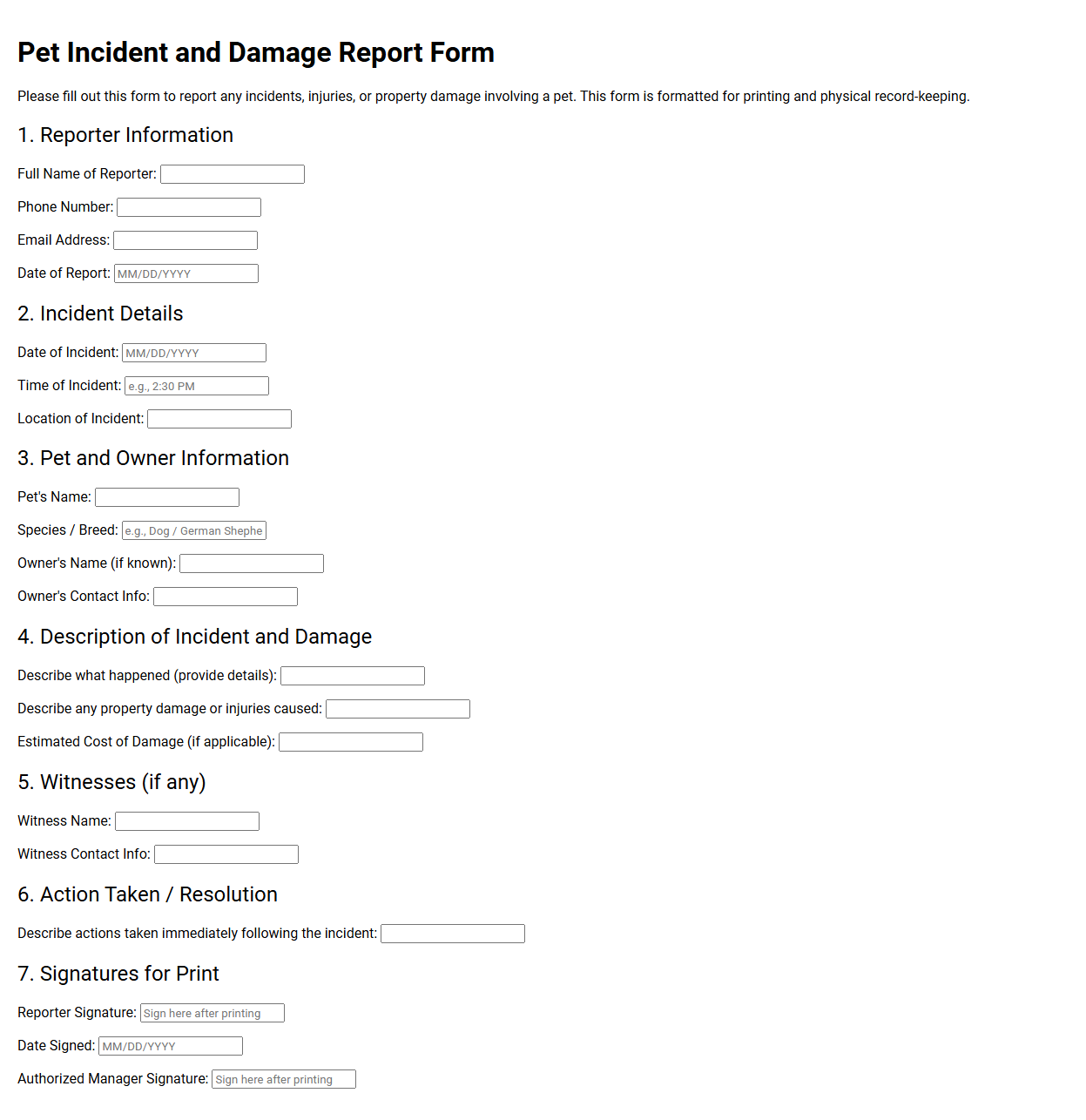 Pet Incident and Damage Report Form