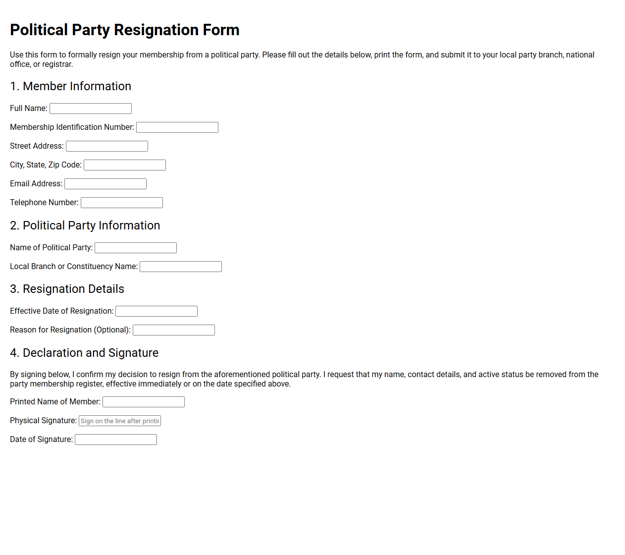 Political Party Resignation Form Template