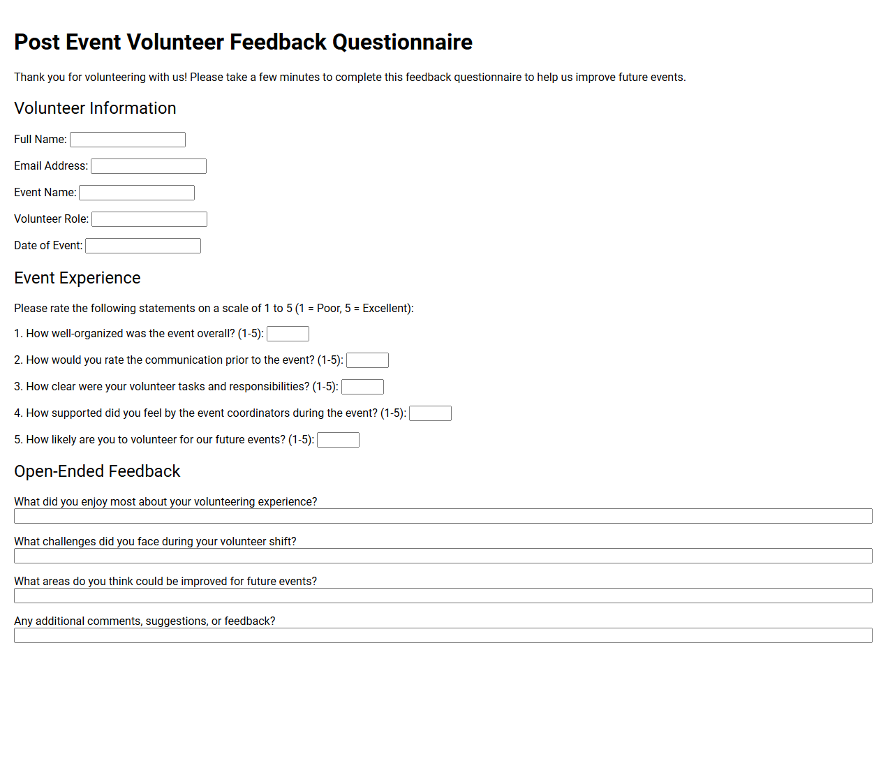 Post Event Volunteer Feedback Questionnaire