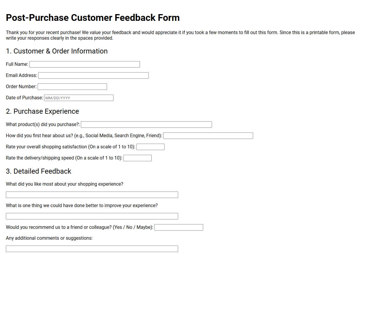 Post-Purchase Customer Feedback Form