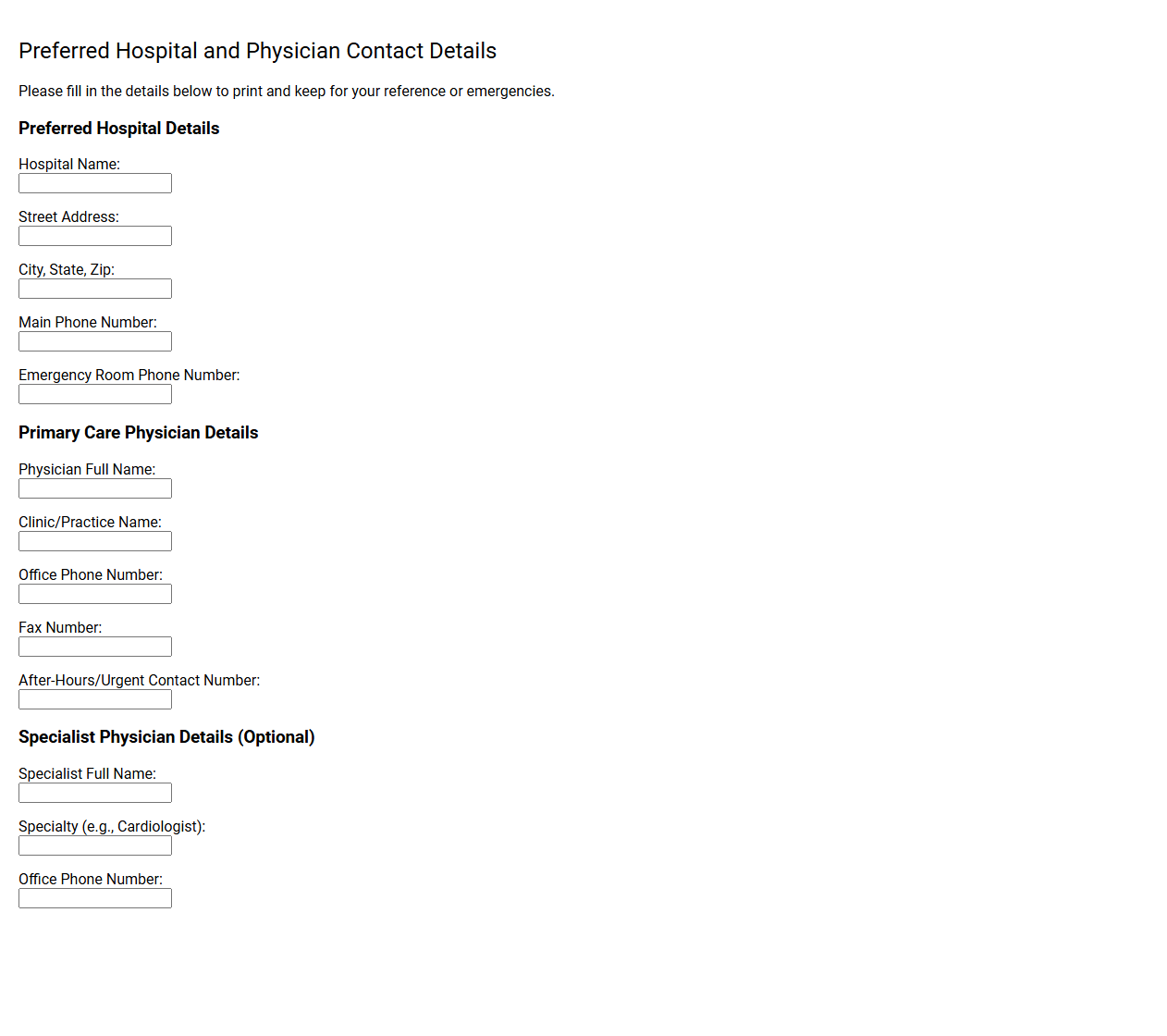 Preferred Hospital and Physician Contact Details