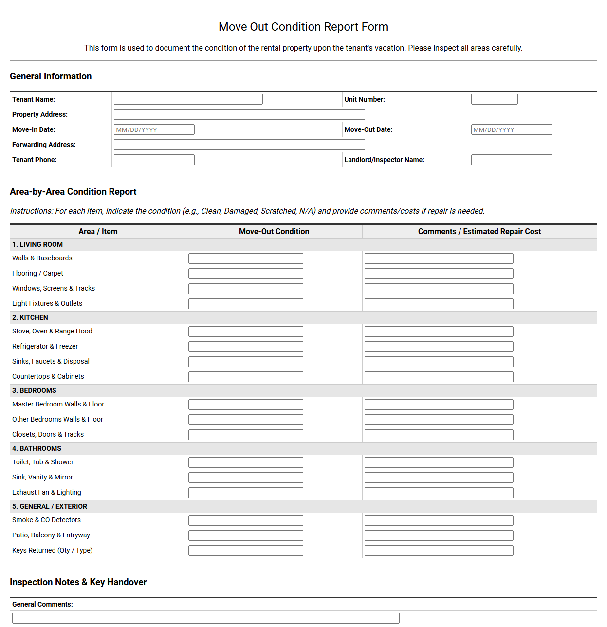 Printable Move Out Condition Report Form