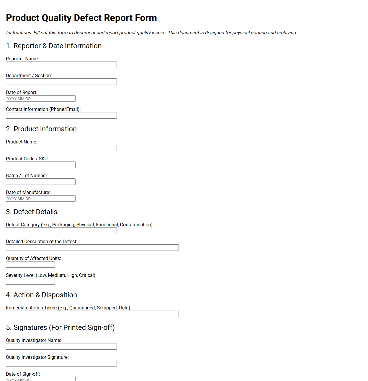 Product Quality Defect Report Form