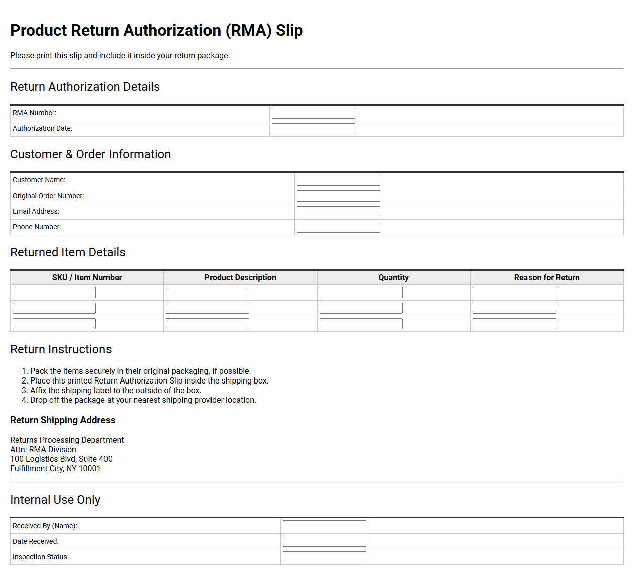 Product Return Authorization Slip Template