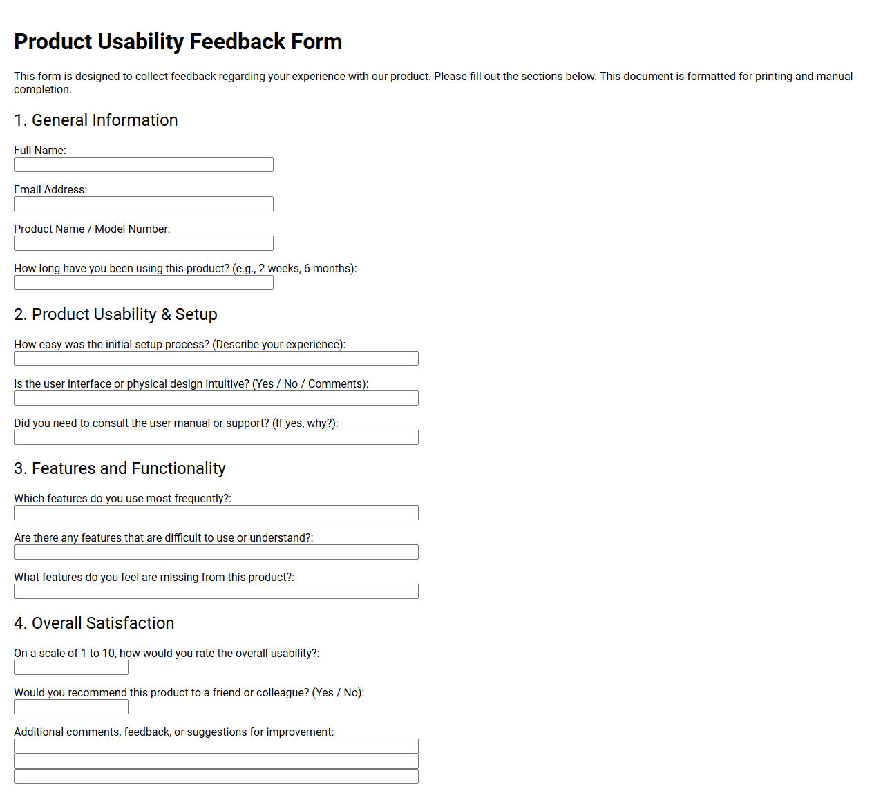Product Usability Feedback Form