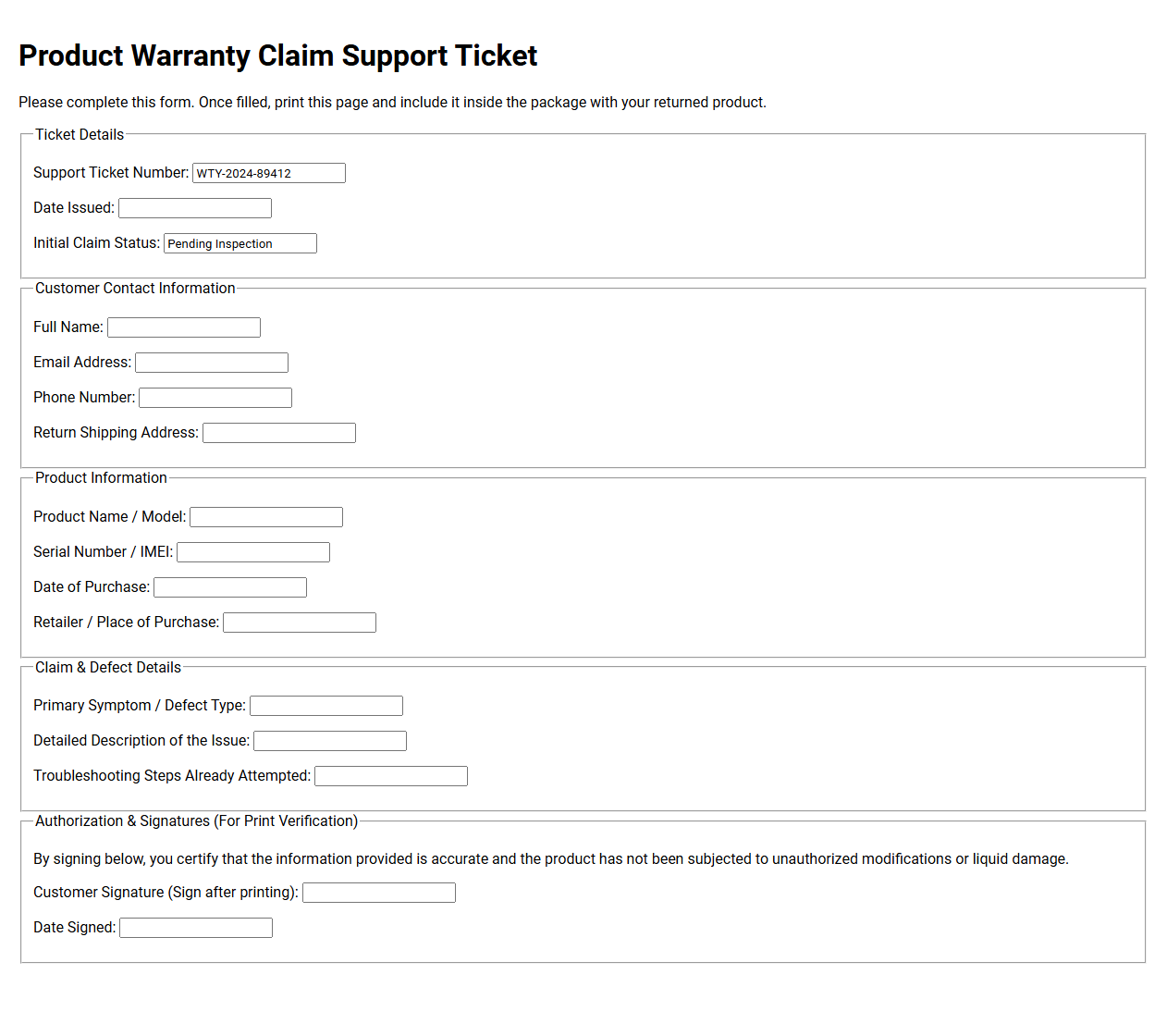 Product Warranty Claim Support Ticket