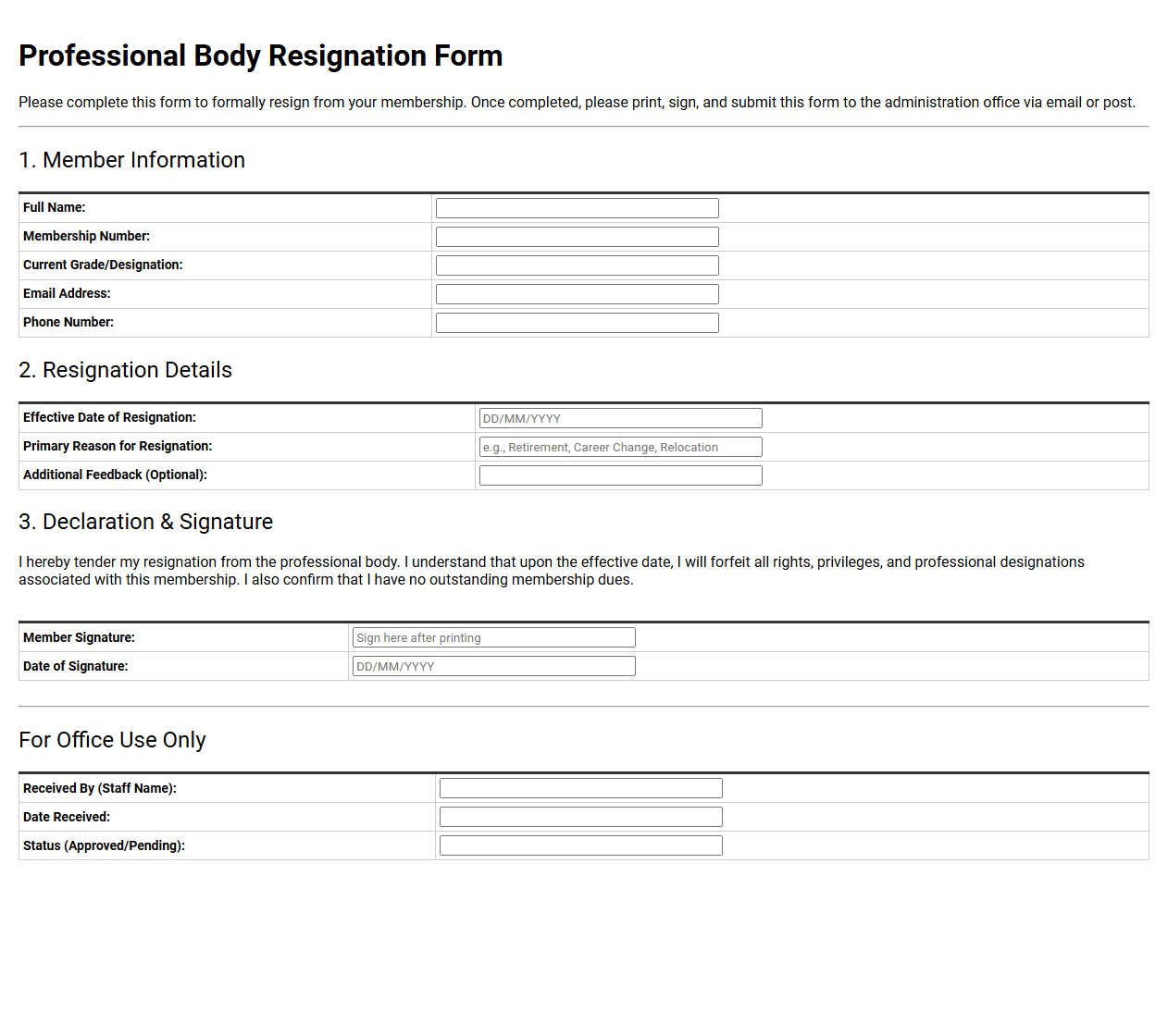 Professional Body Resignation Form Template