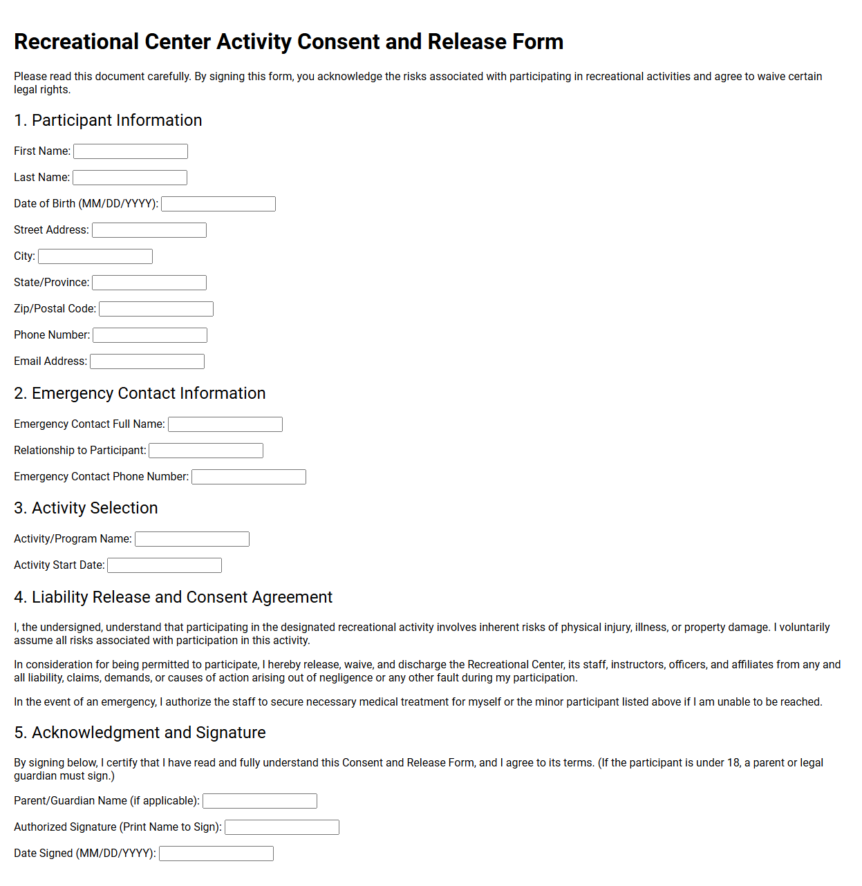 Recreational Center Activity Consent and Release Form