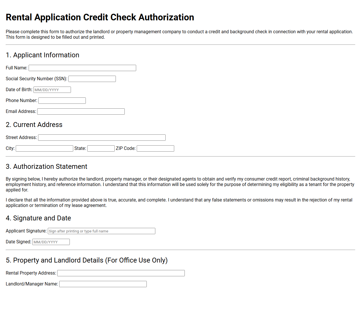Rental Application Credit Check Authorization