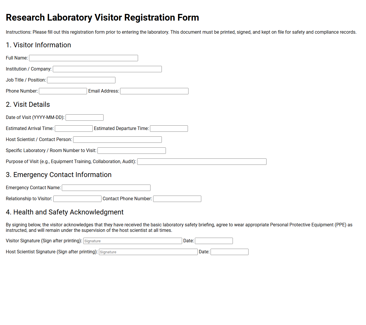 Research Laboratory Visitor Registration Form