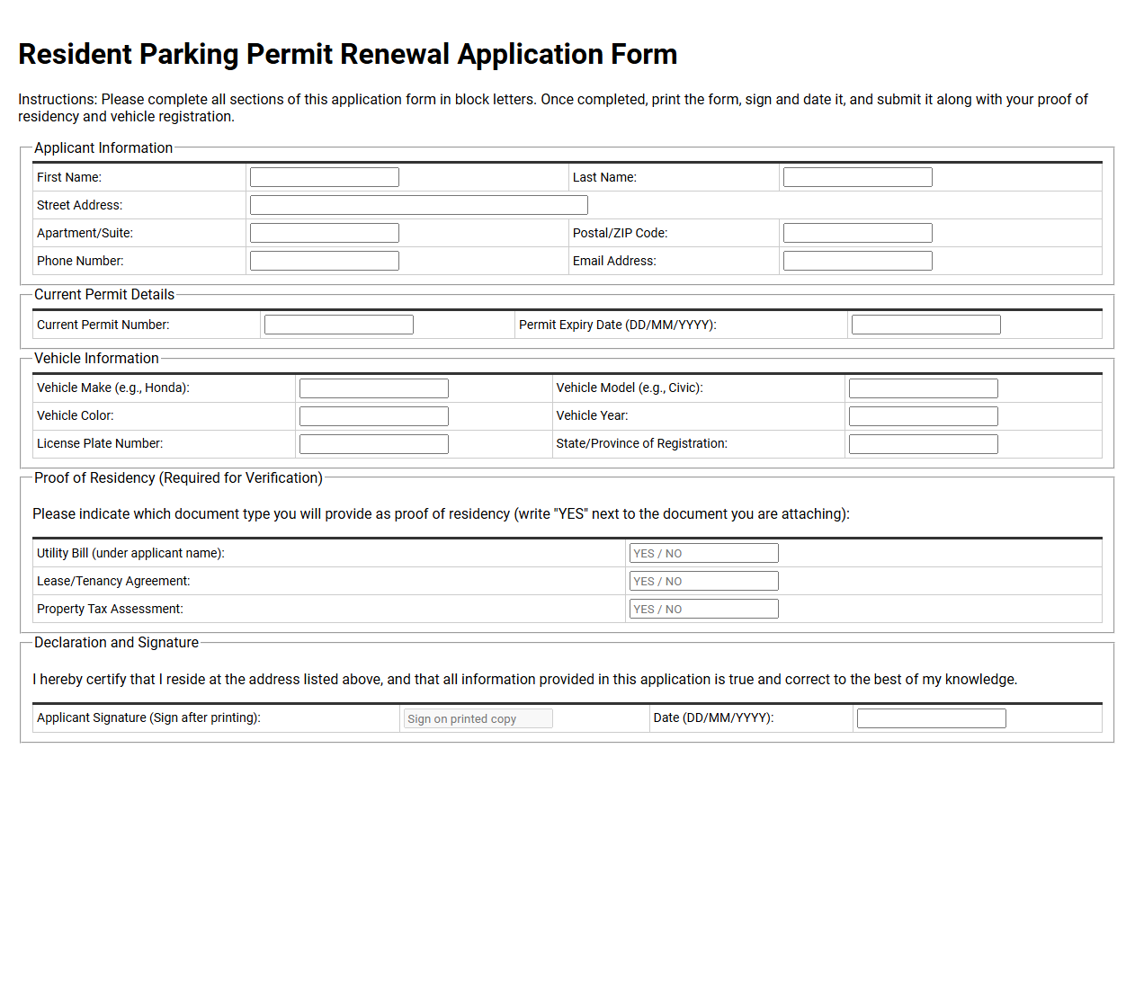 Resident Parking Permit Renewal Application Form