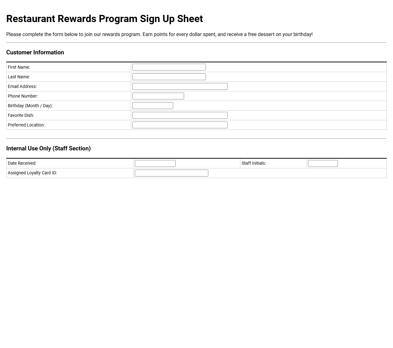 Restaurant Rewards Program Sign Up Sheet
