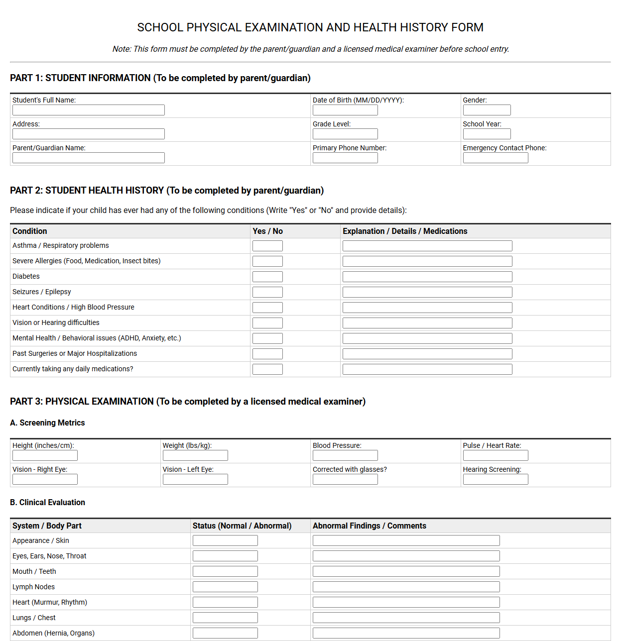 School Physical Examination and Health History Template
