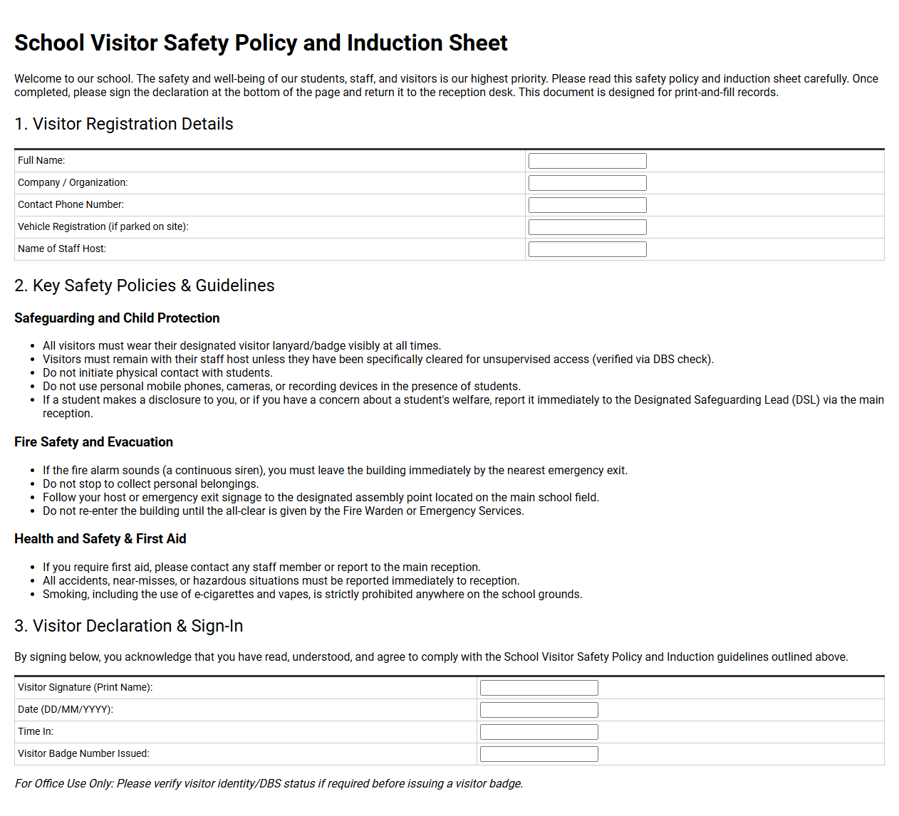 School Visitor Safety Policy and Induction Sheet