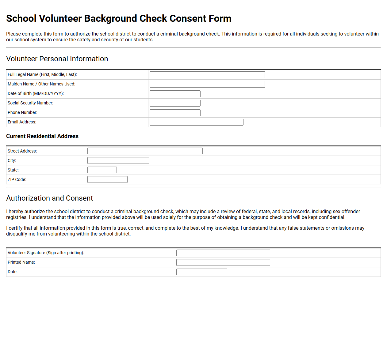 School Volunteer Background Check Consent Form