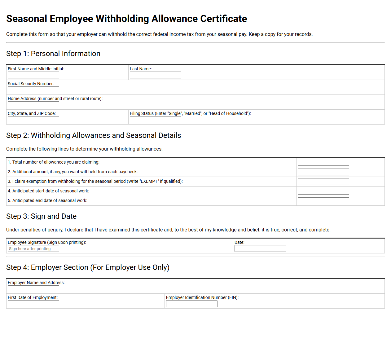 Seasonal Employee Withholding Allowance Certificate Template
