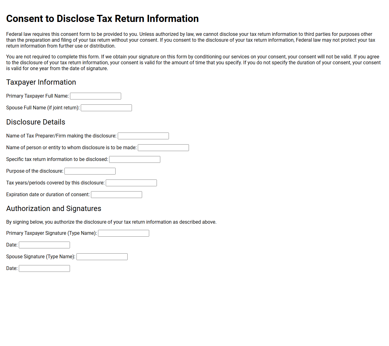 Section 7216 Tax Return Information Disclosure Consent