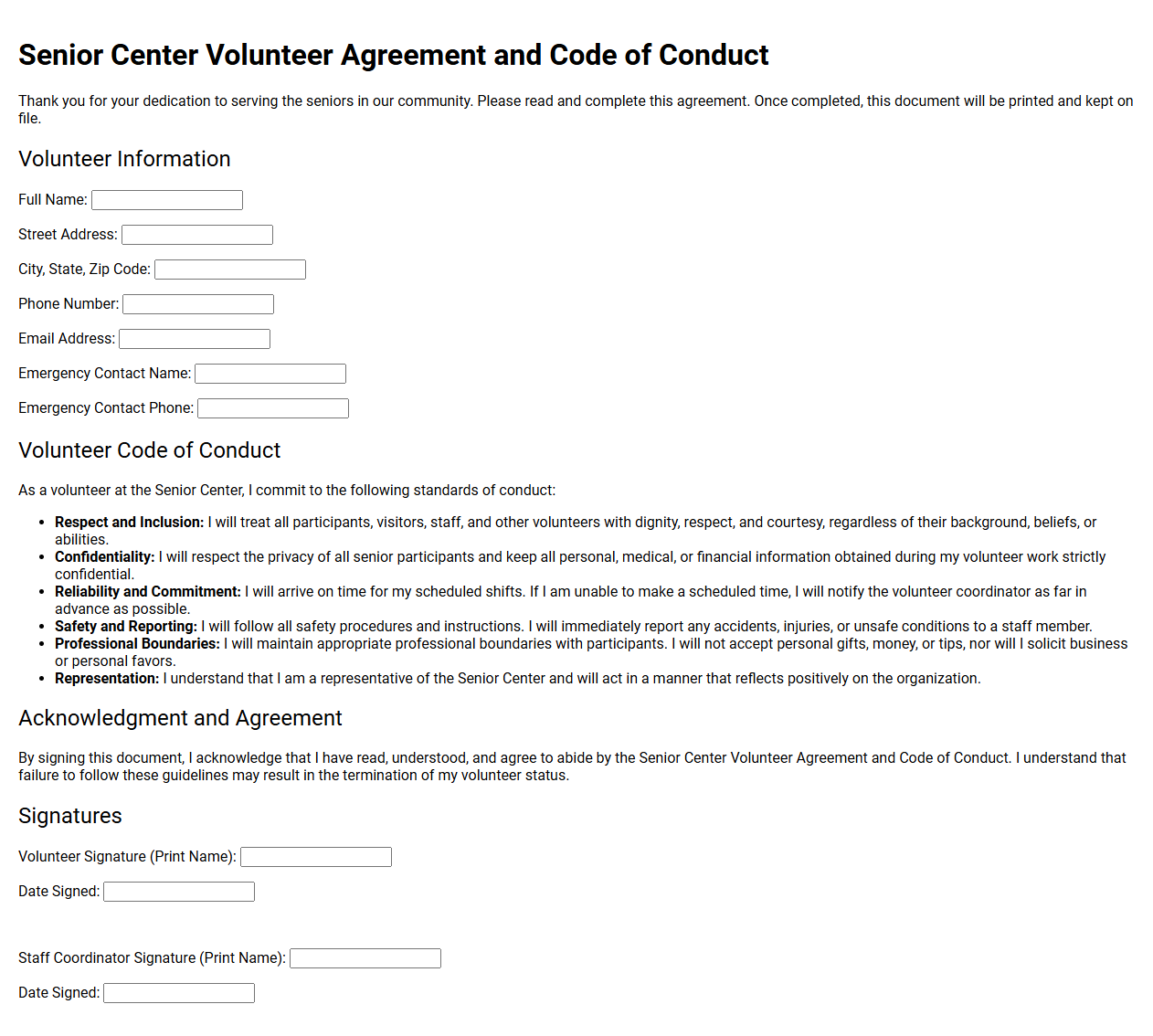 Senior Center Volunteer Agreement and Code of Conduct