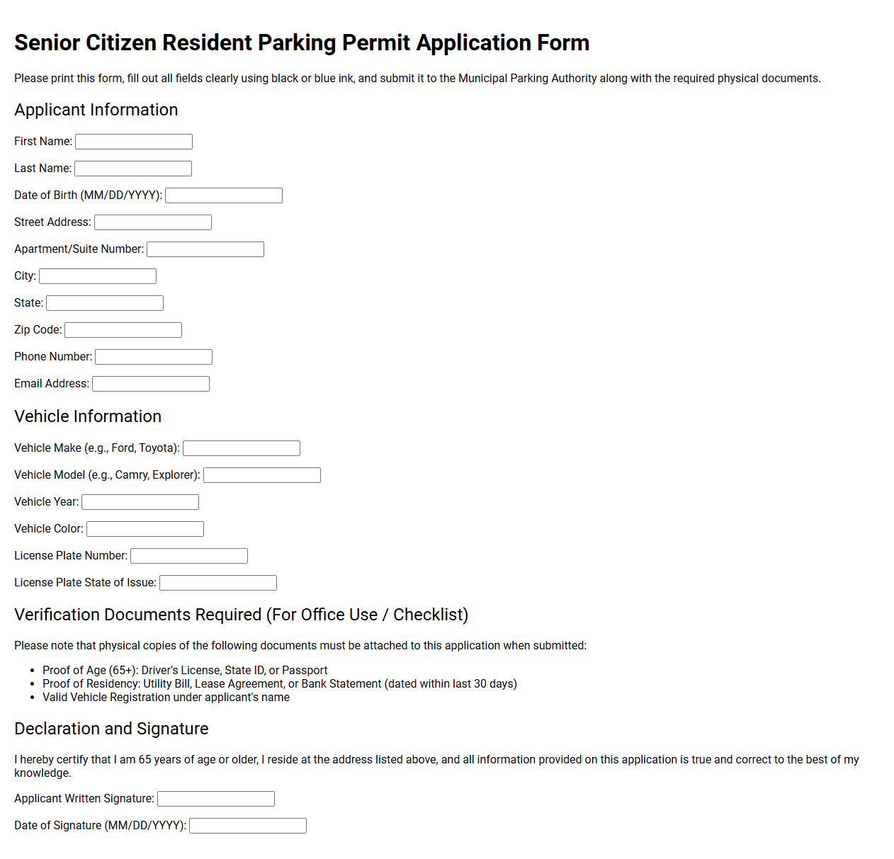Senior Citizen Resident Parking Permit Application Form