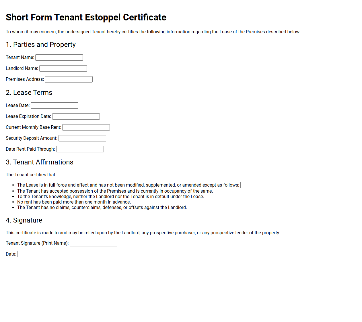 Short Form Tenant Estoppel Certificate