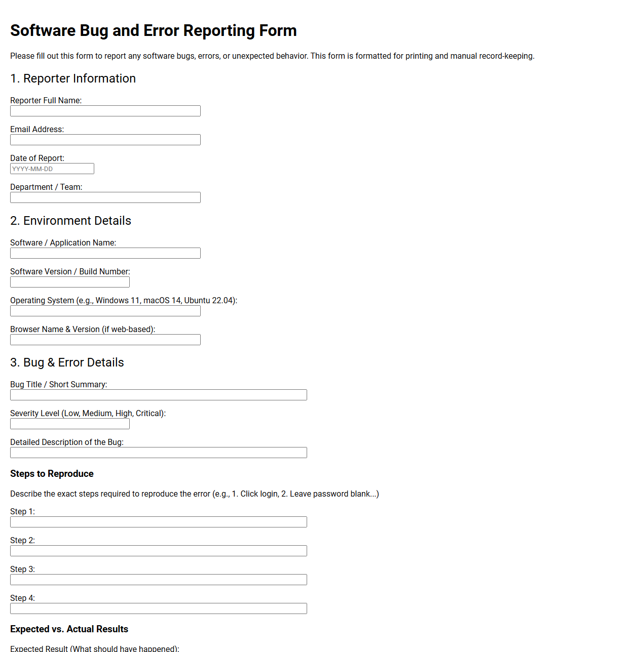 Software Bug and Error Reporting Form