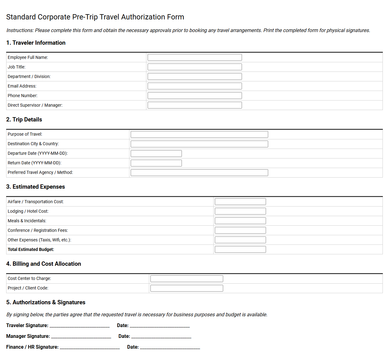 Standard Corporate Pre-Trip Travel Authorization Form