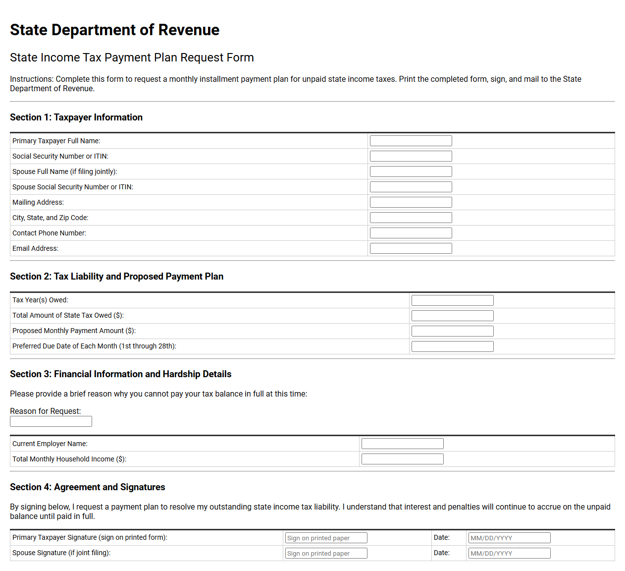 State Income Tax Payment Plan Request Form