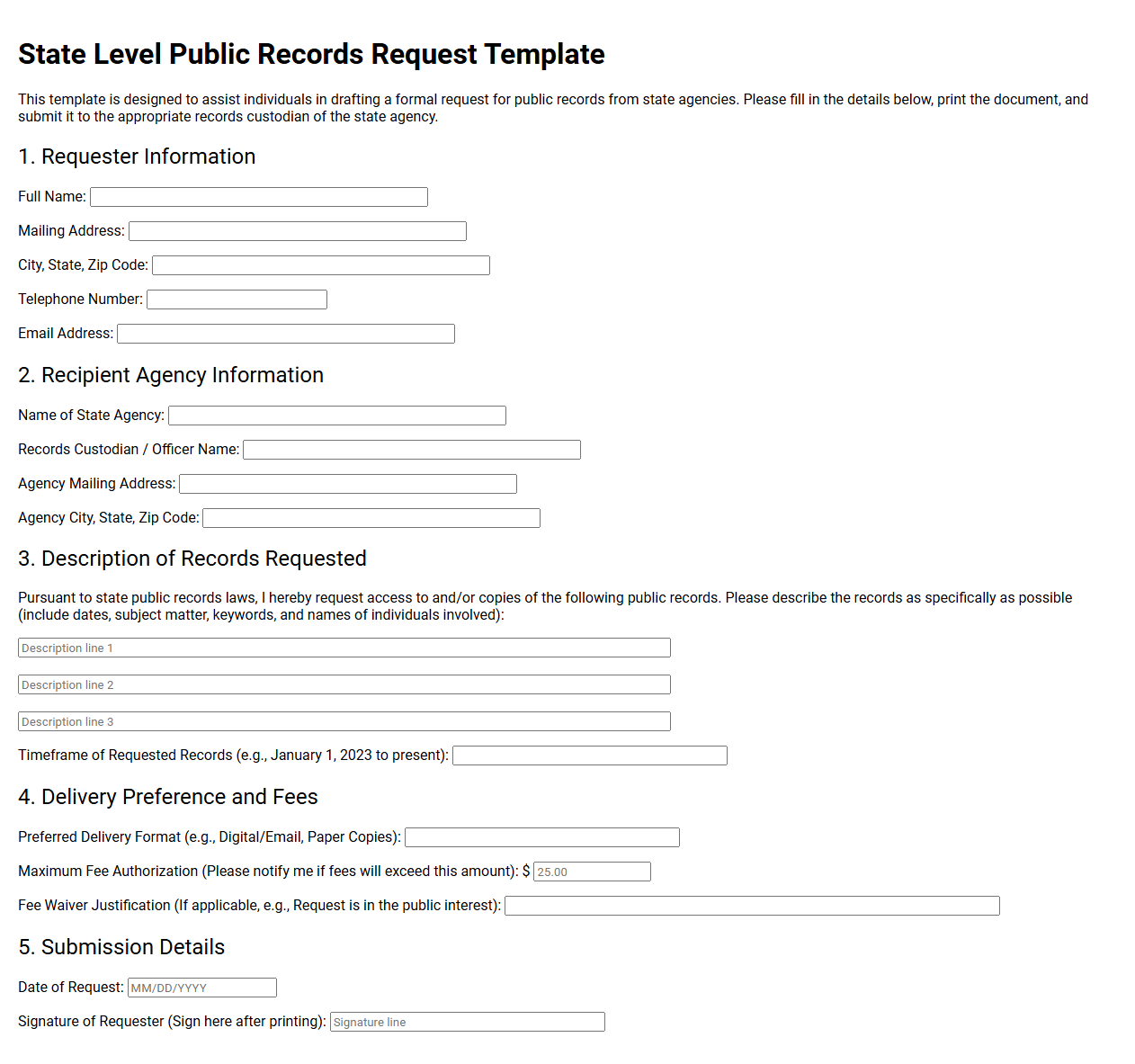 State Level Public Records Request Template