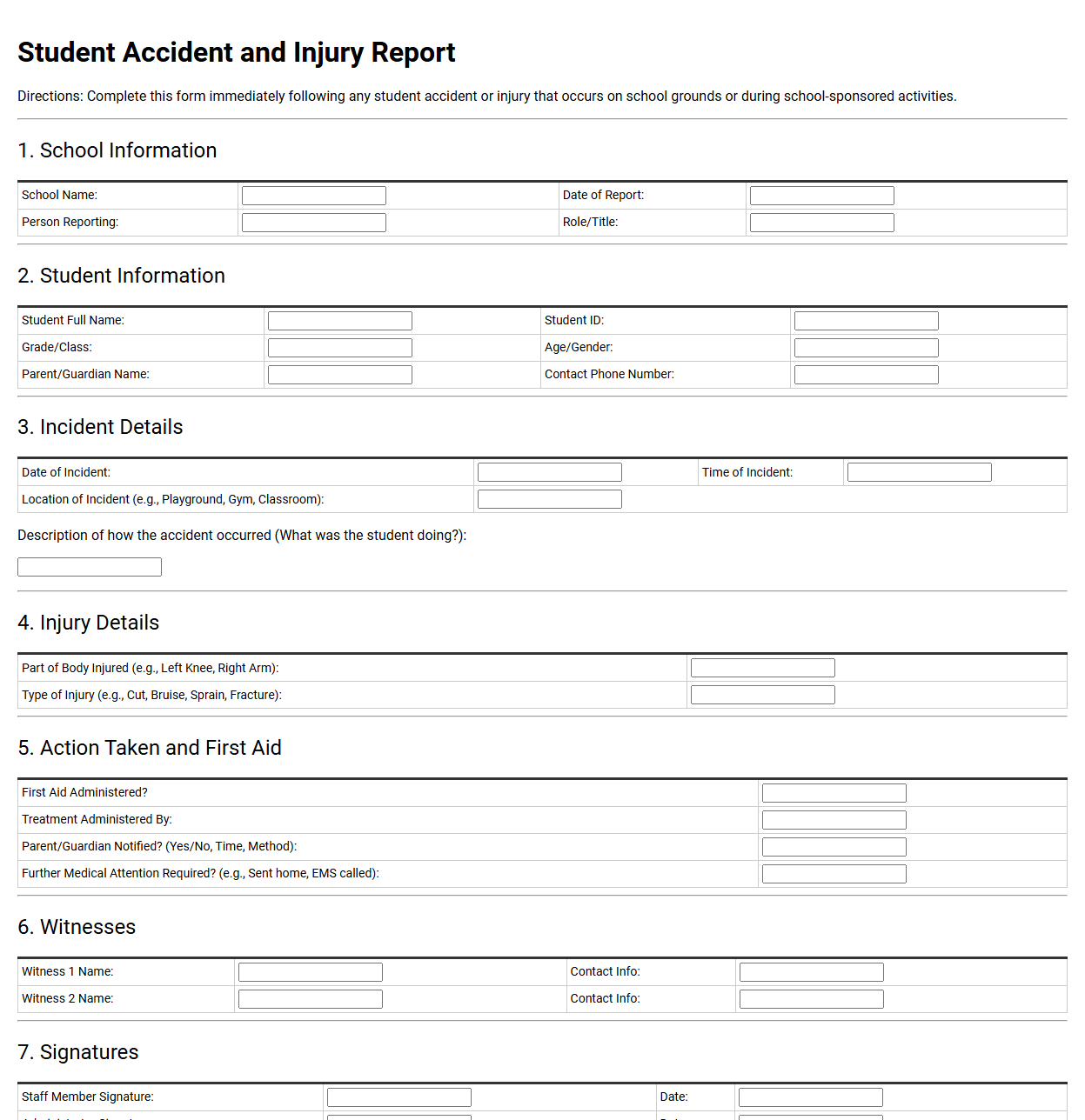Student Accident and Injury Report Template