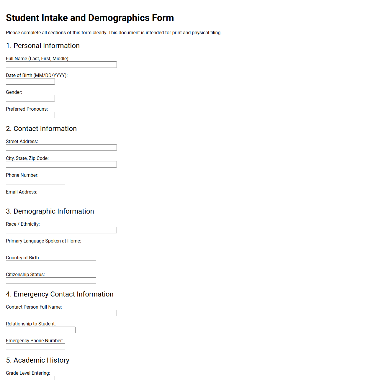 Student Intake and Demographics Form