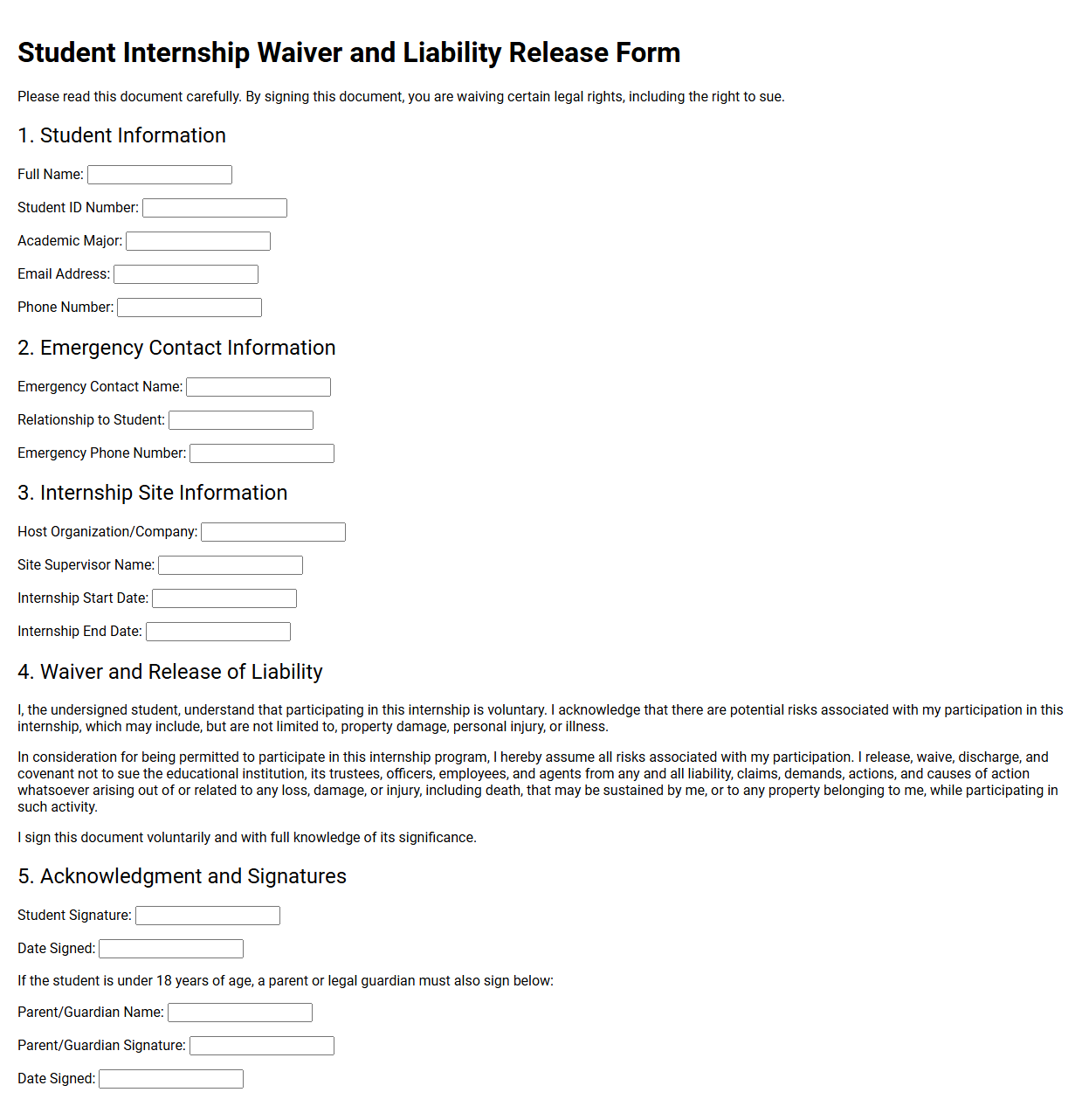 Student Internship Waiver and Liability Release Form