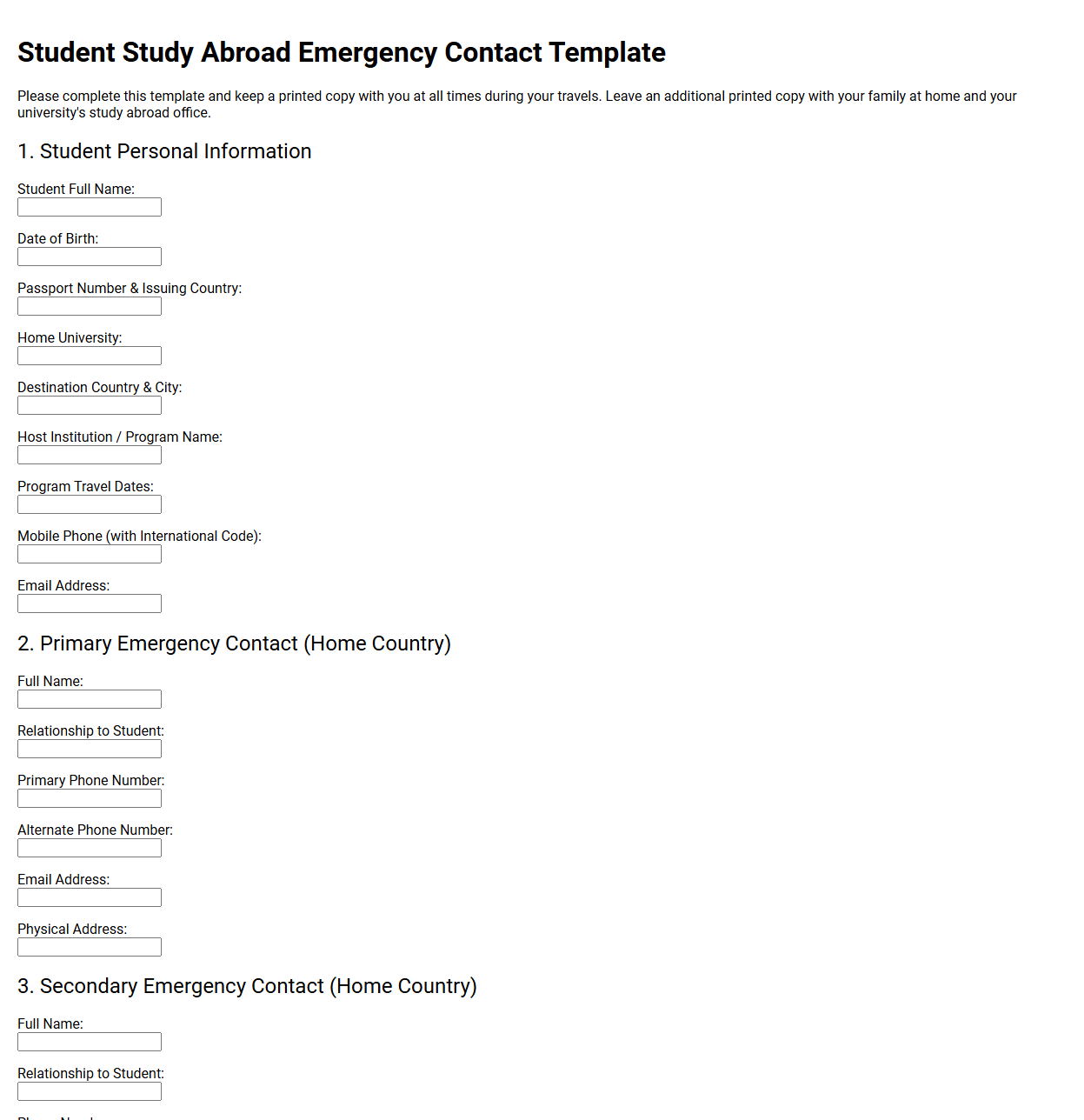 Student Study Abroad Emergency Contact Template
