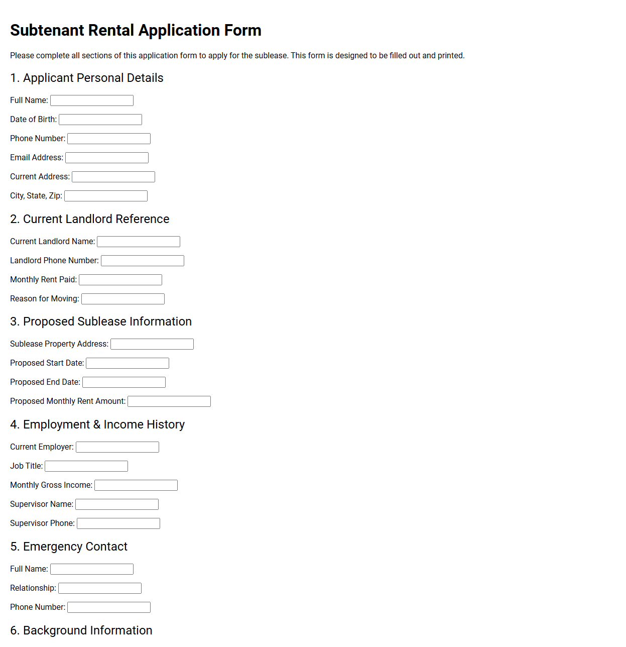 Subtenant Rental Application Form