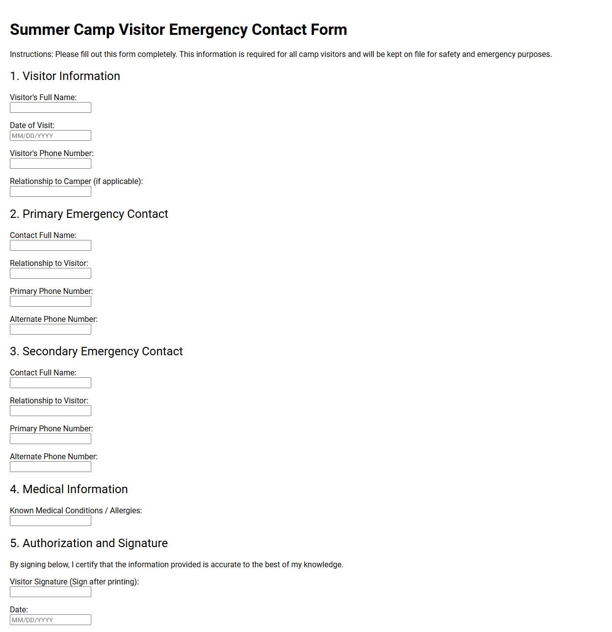 Summer Camp Visitor Emergency Contact Form