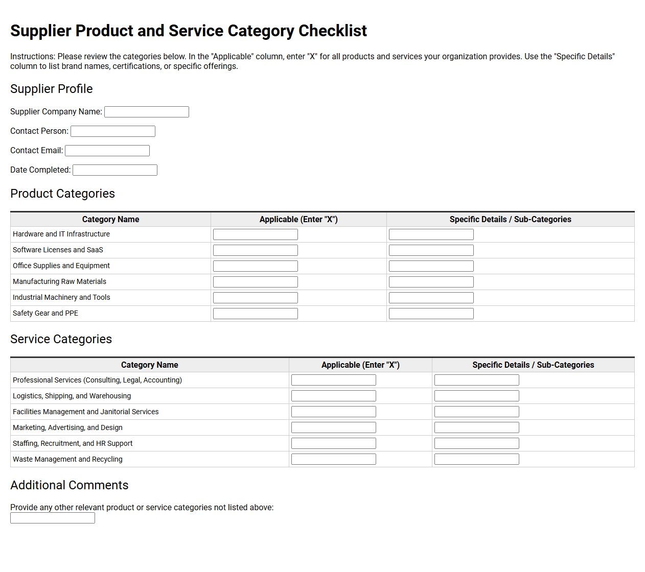 Supplier Product and Service Category Checklist