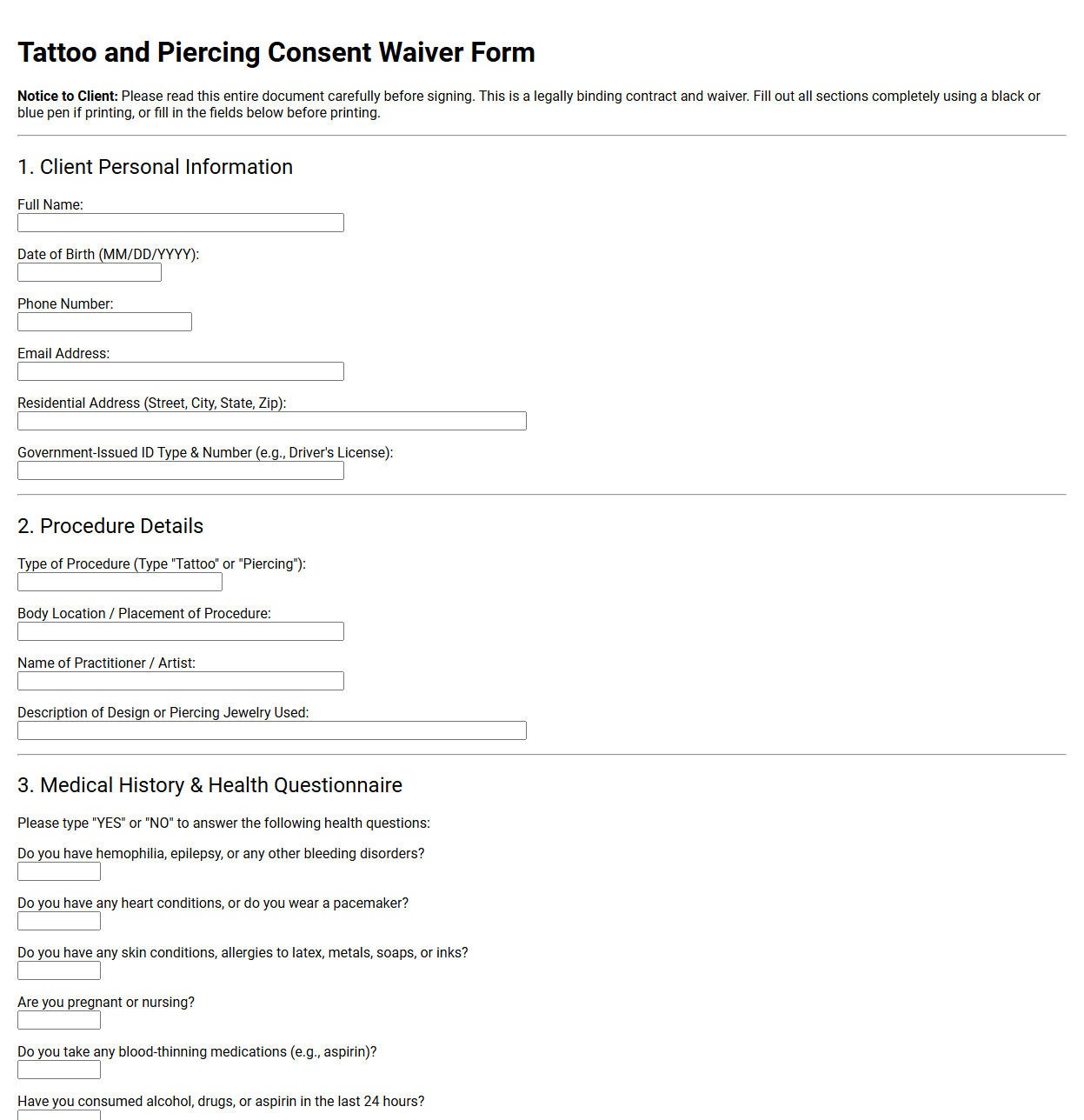 Tattoo and Piercing Consent Waiver Form