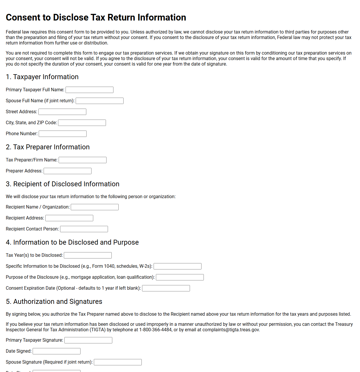 Tax Preparer Consent to Disclose Information Template