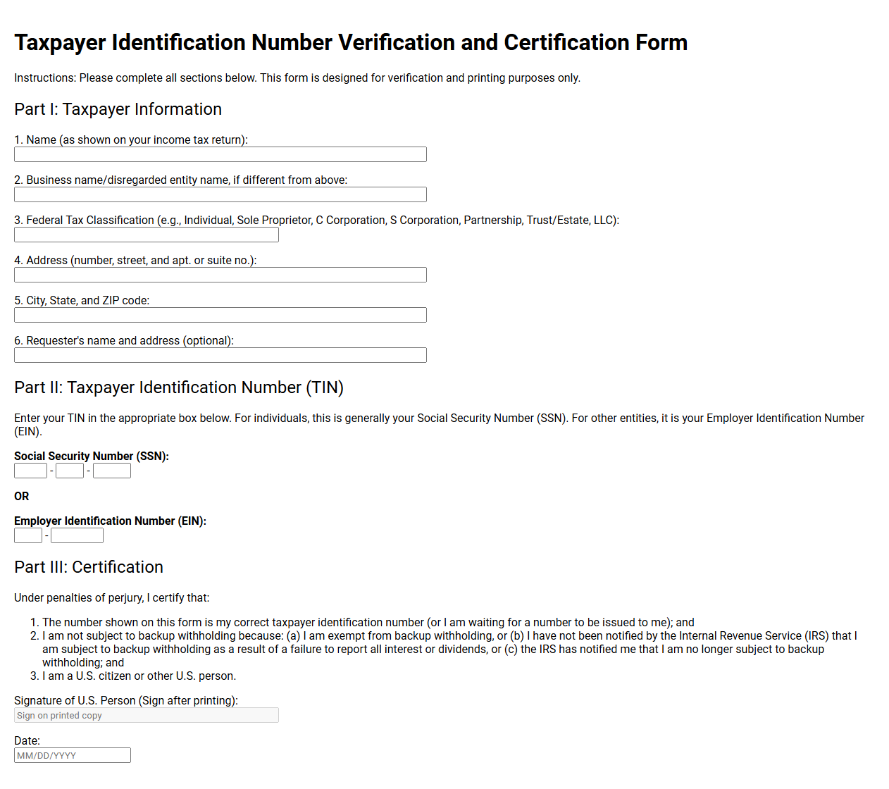 Taxpayer Identification Number Verification and Certification Form