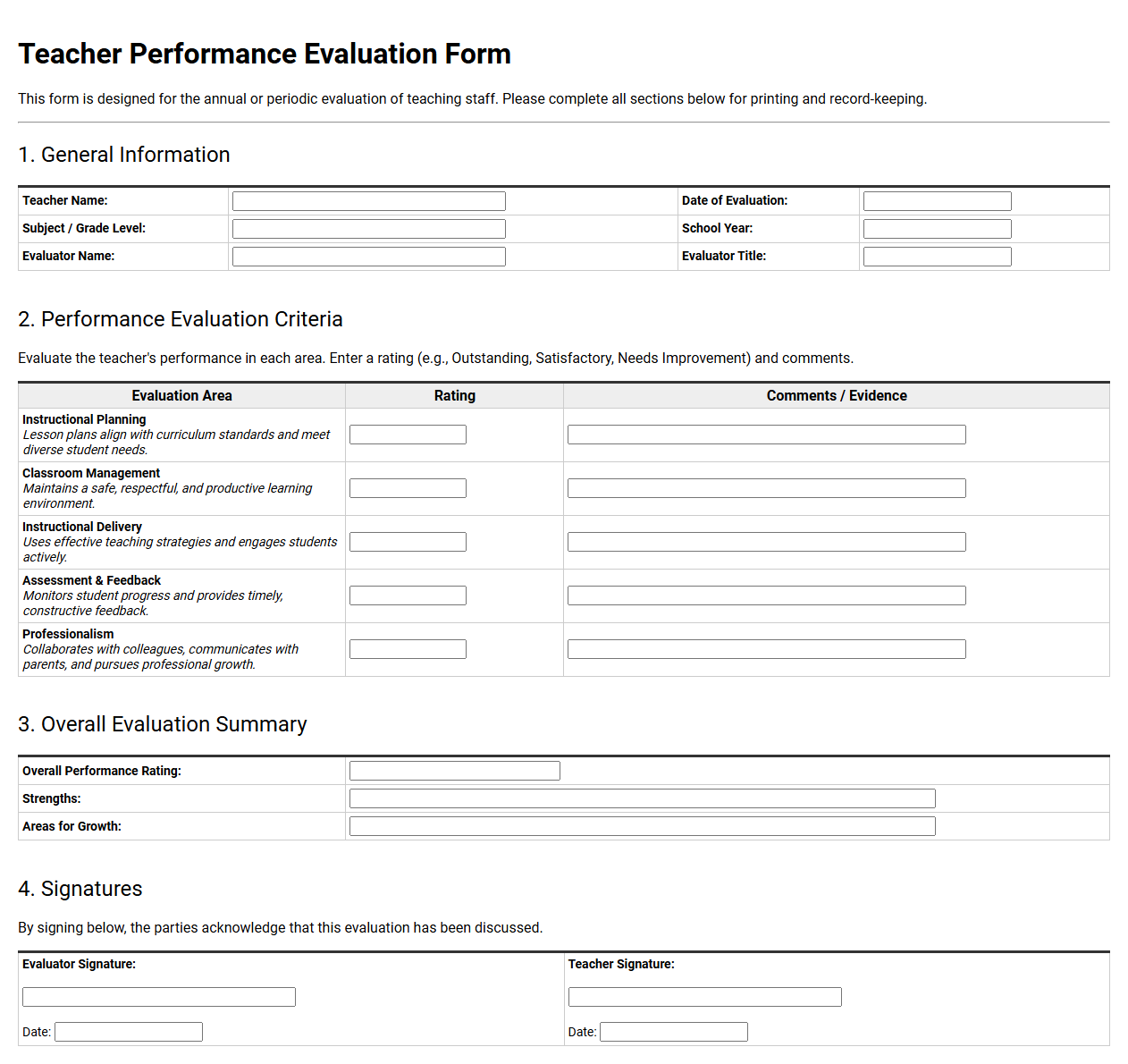 Teacher Performance Evaluation Form