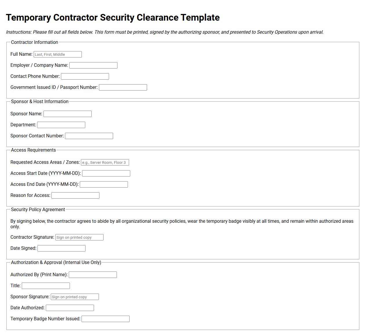 Temporary Contractor Security Clearance Template