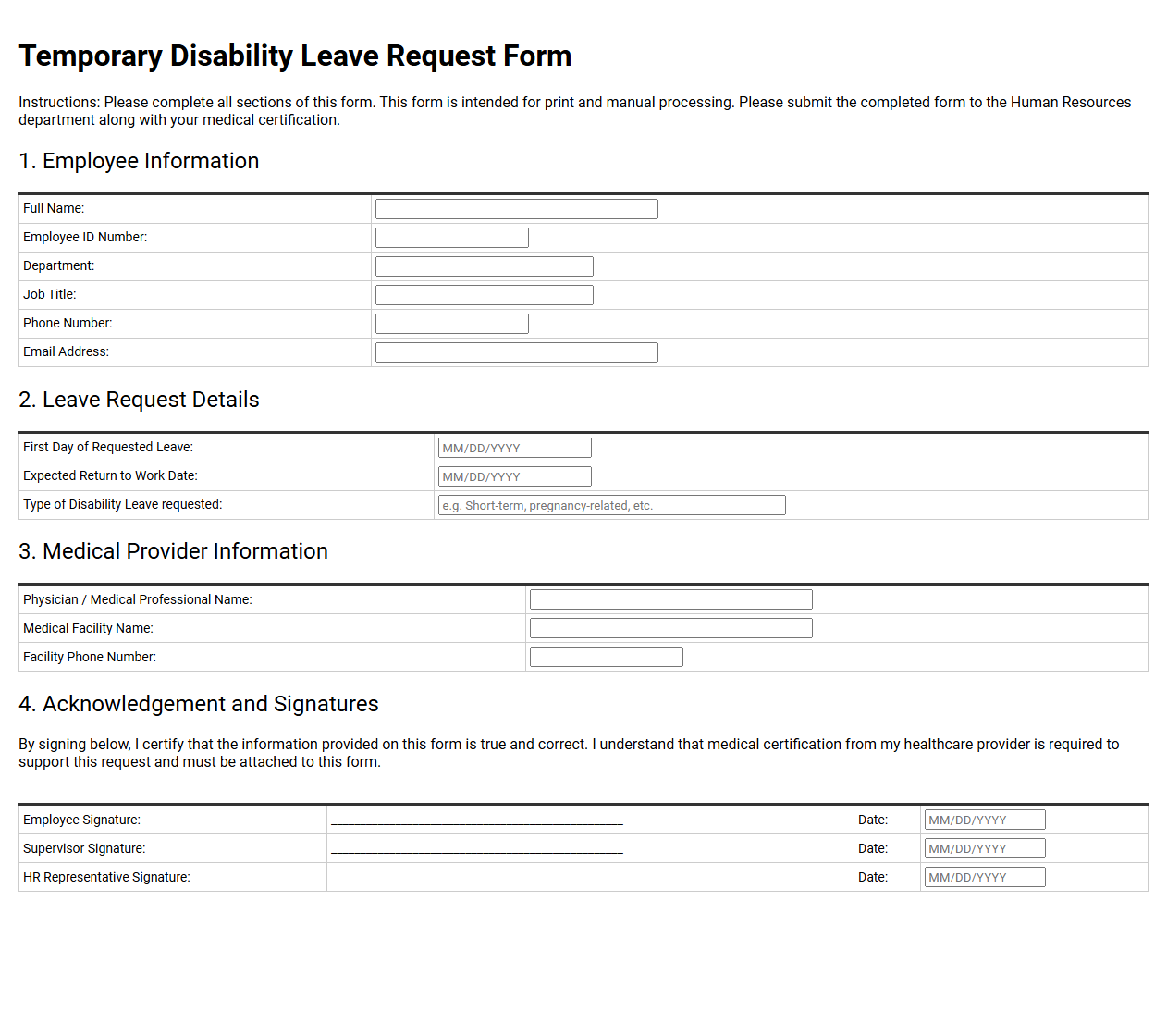 Temporary Disability Leave Request Form