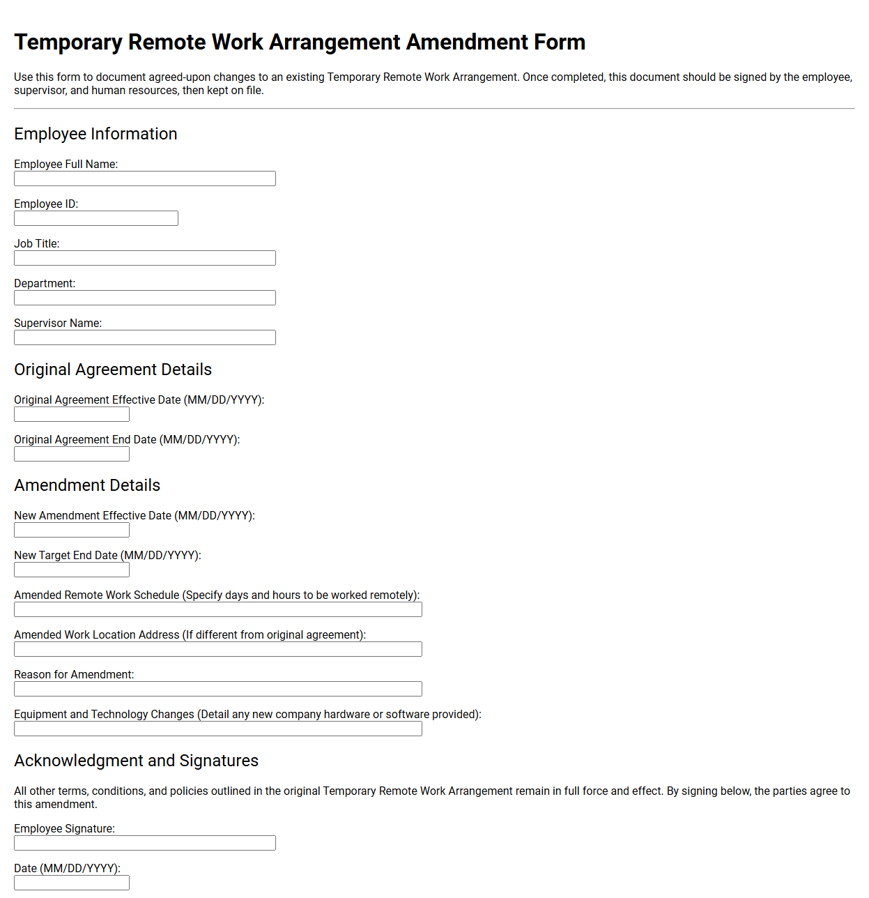 Temporary Remote Work Arrangement Amendment Form