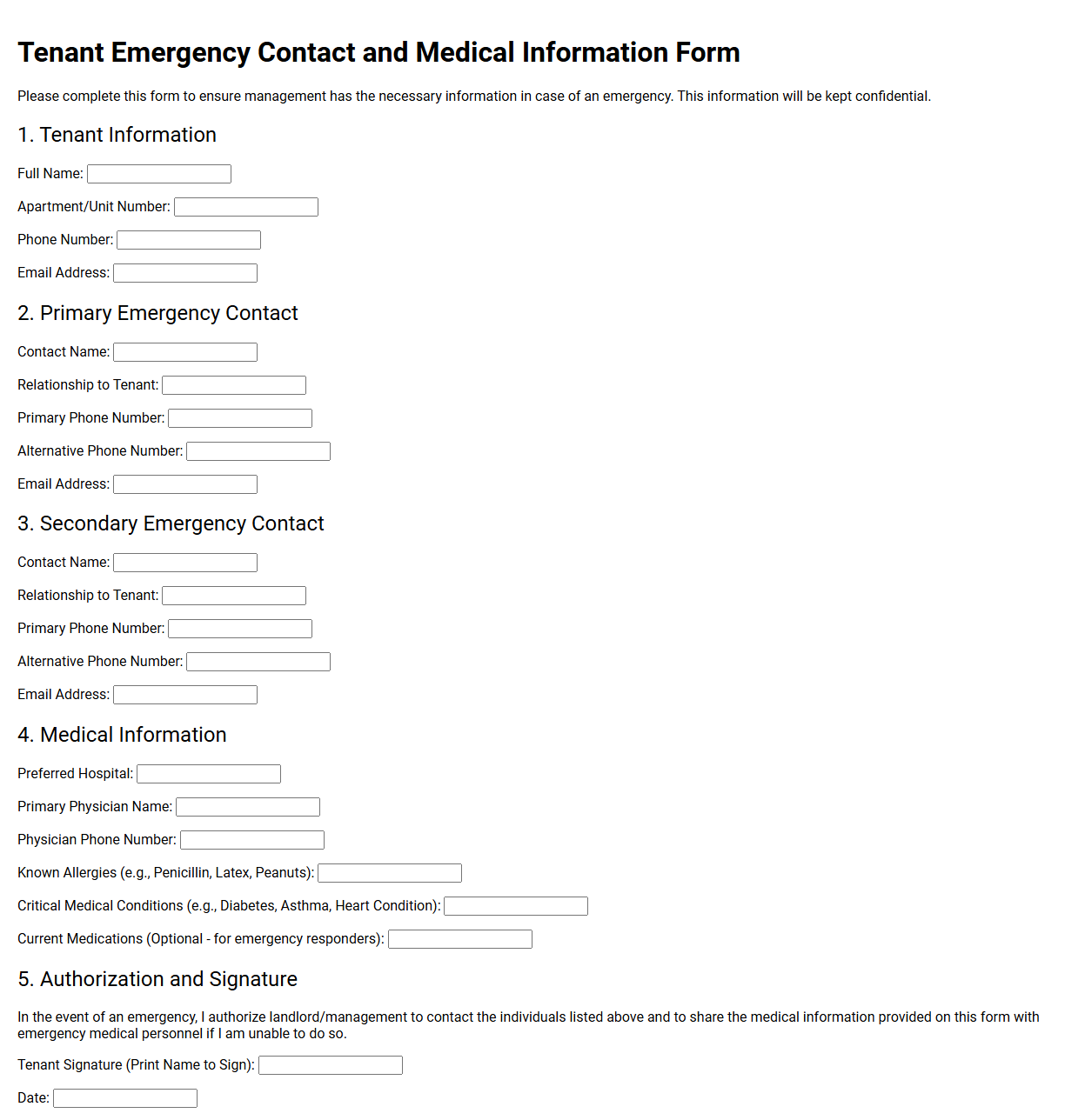 Tenant Emergency Contact and Medical Information Form